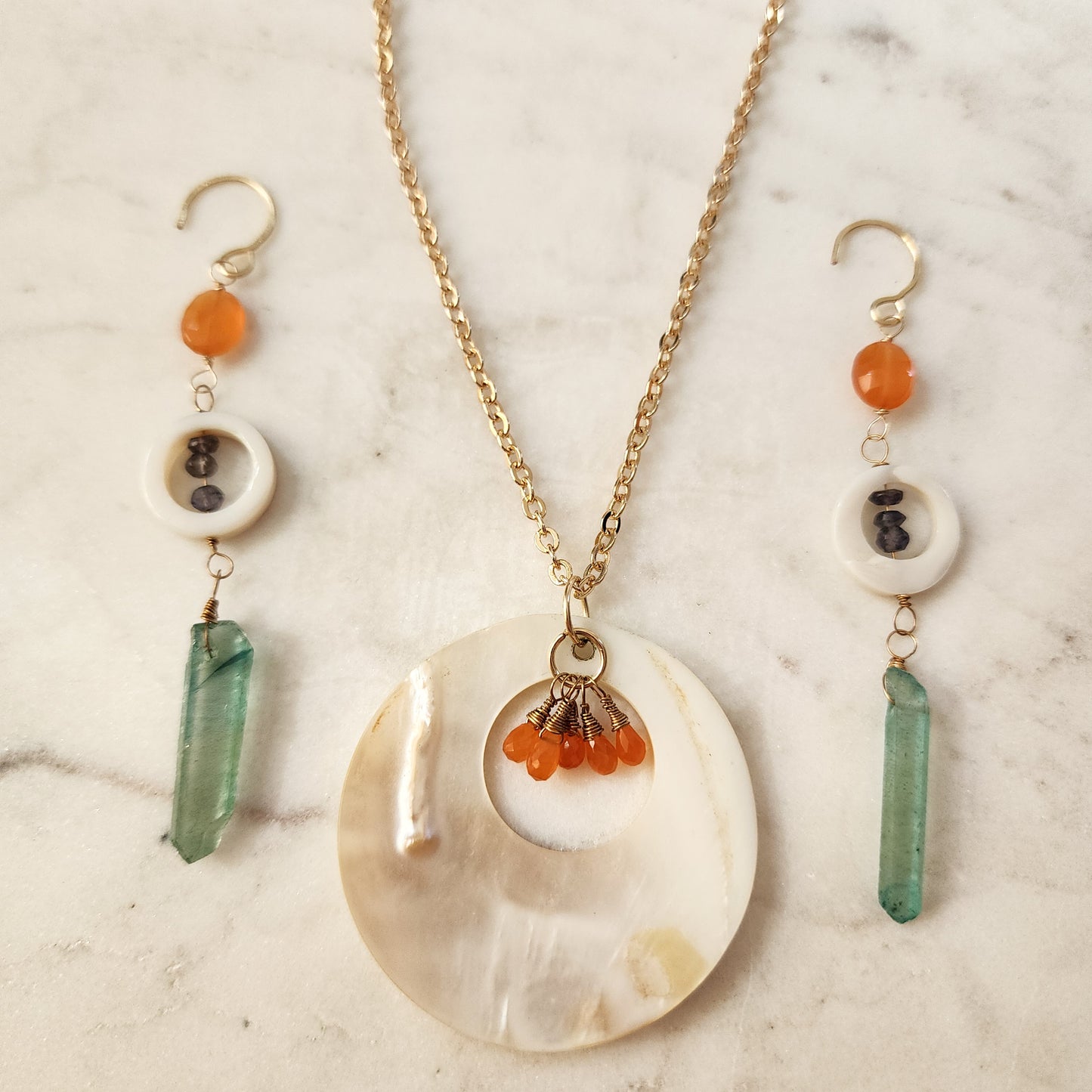 Solstice Tides Set – Shell, Carnelian, Iolite & Aqua Aura Quartz
