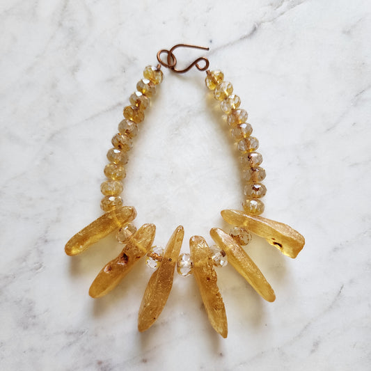 Amber Flame Bracelet - Golden Amber Spikes, Glass Beads & Copper Hook Clasp