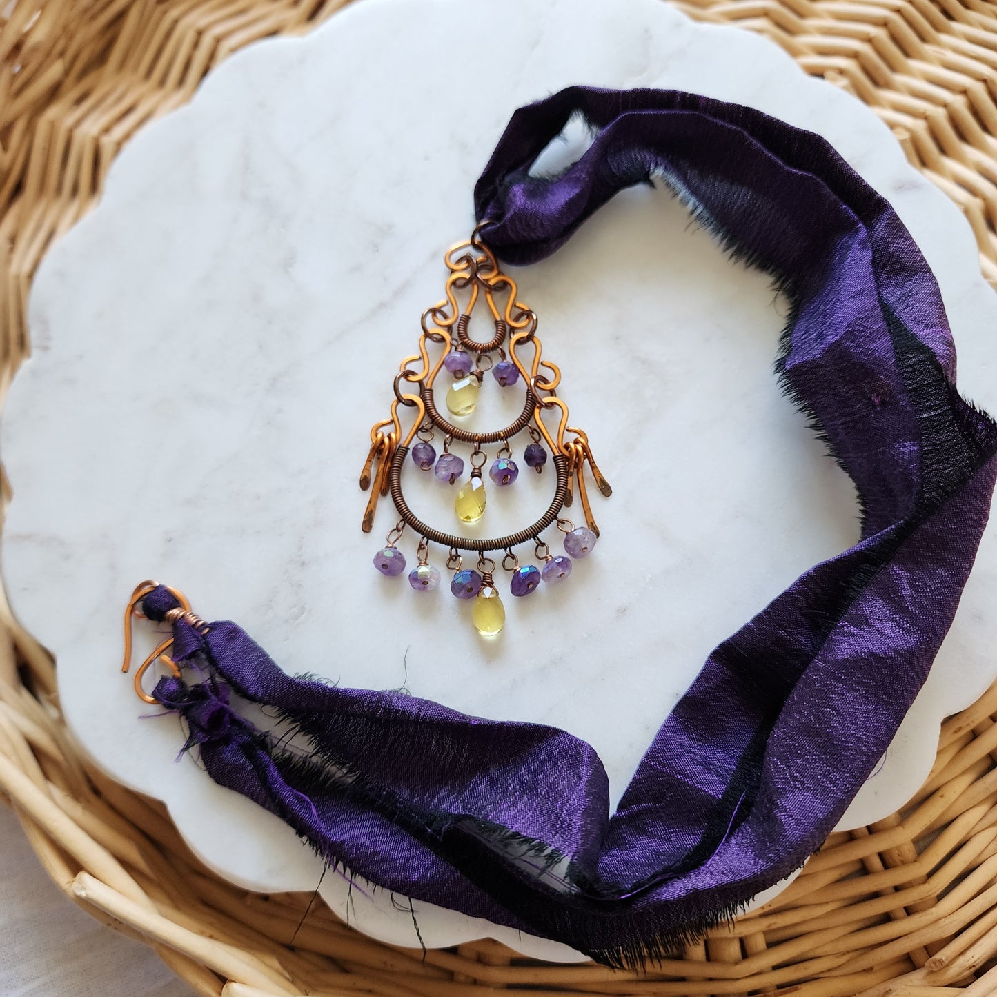 Twilight Ember Necklace - Copper, Amethyst, Citrine & Sari Silk