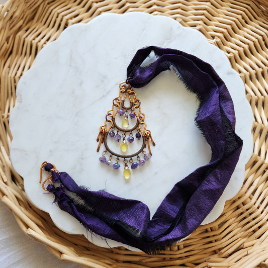 Twilight Ember Necklace - Copper, Amethyst, Citrine & Sari Silk