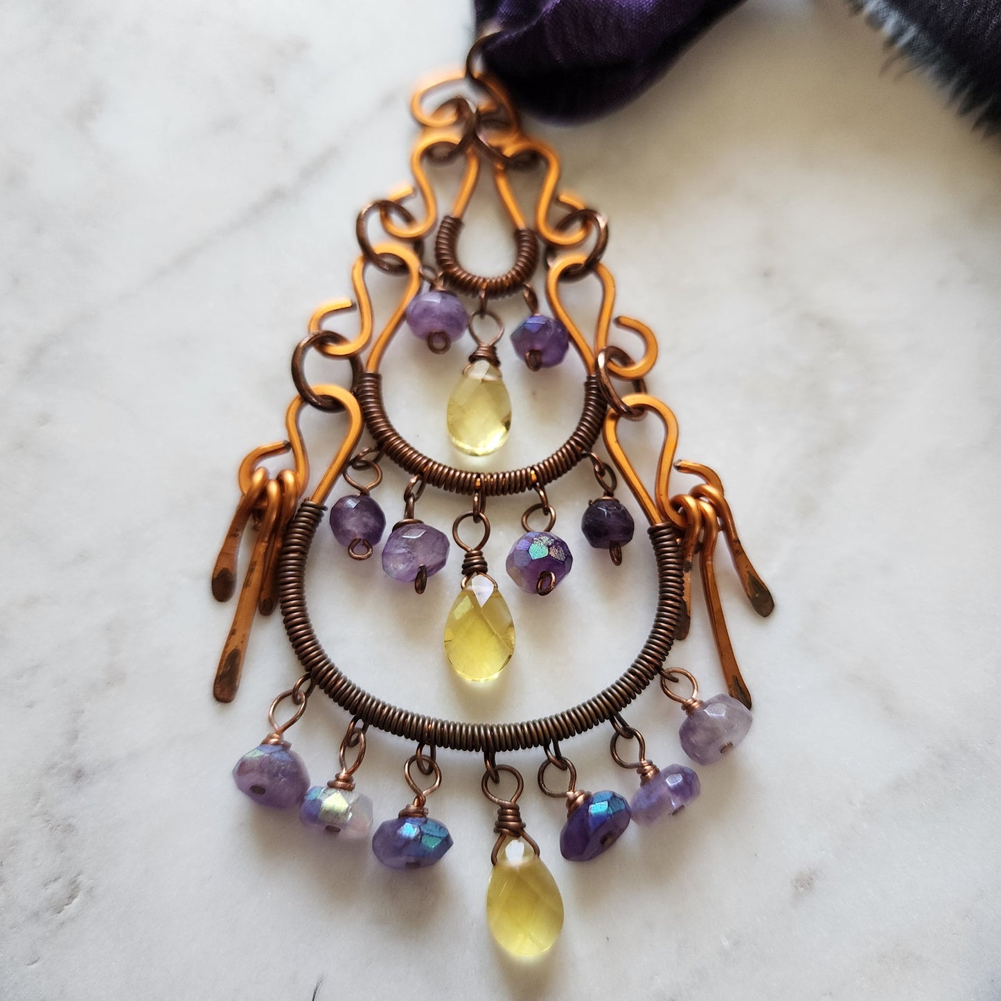 Twilight Ember Necklace - Copper, Amethyst, Citrine & Sari Silk