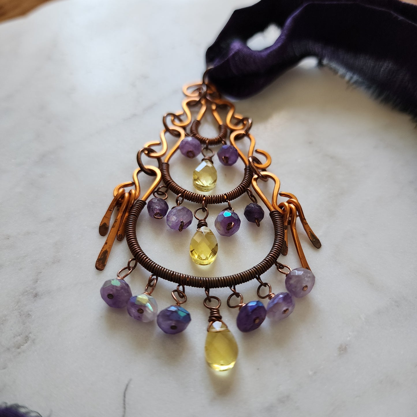 Twilight Ember Necklace - Copper, Amethyst, Citrine & Sari Silk