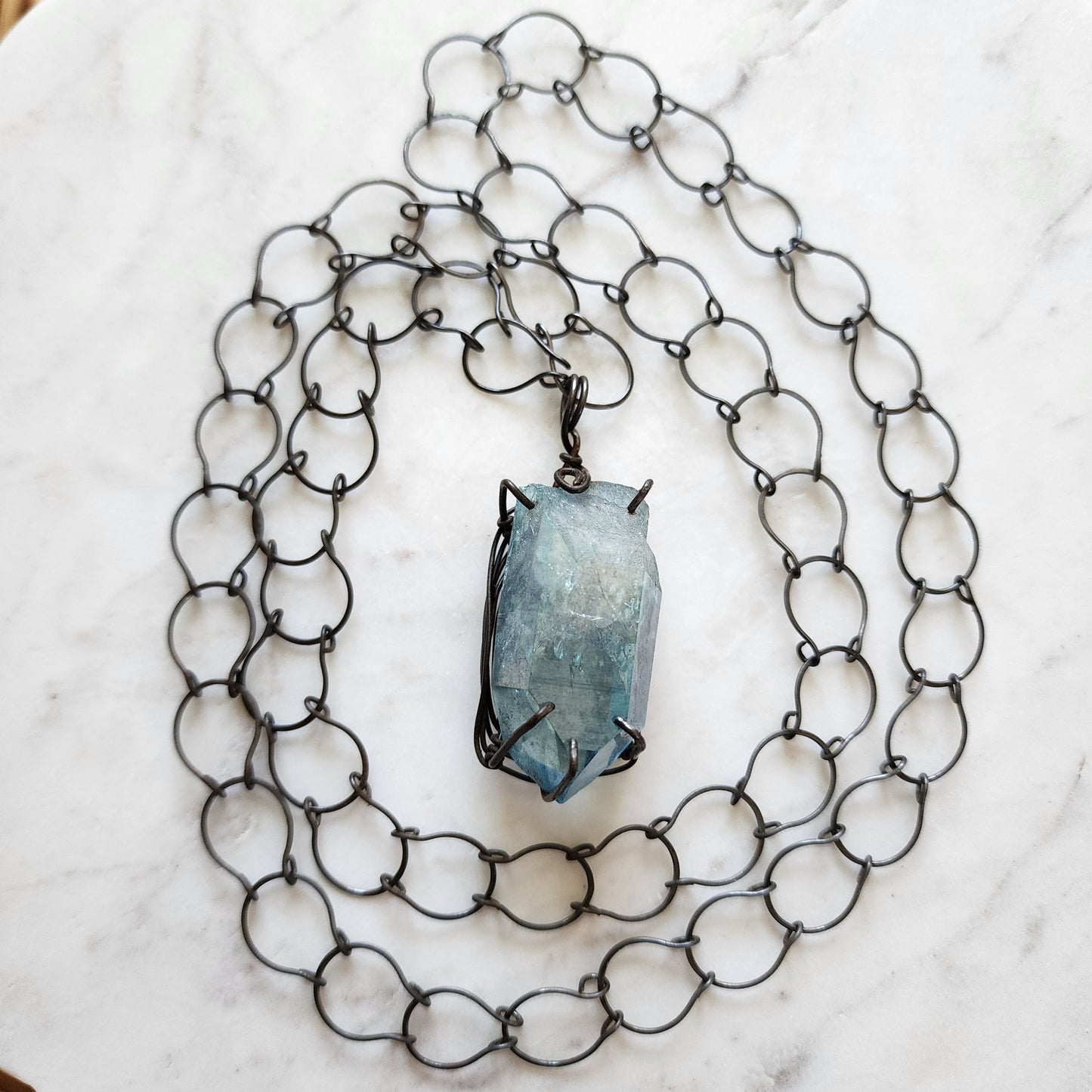 Celestial Forge Necklace - Oxidized Iron & Aqua Aura Crystal