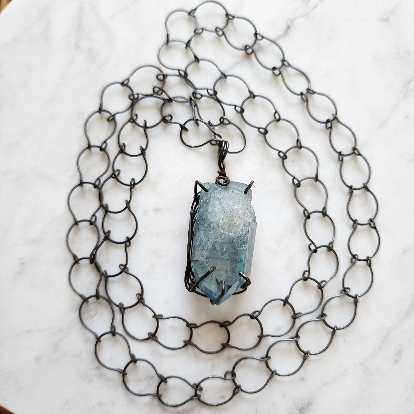 Celestial Forge Necklace - Oxidized Iron & Aqua Aura Crystal