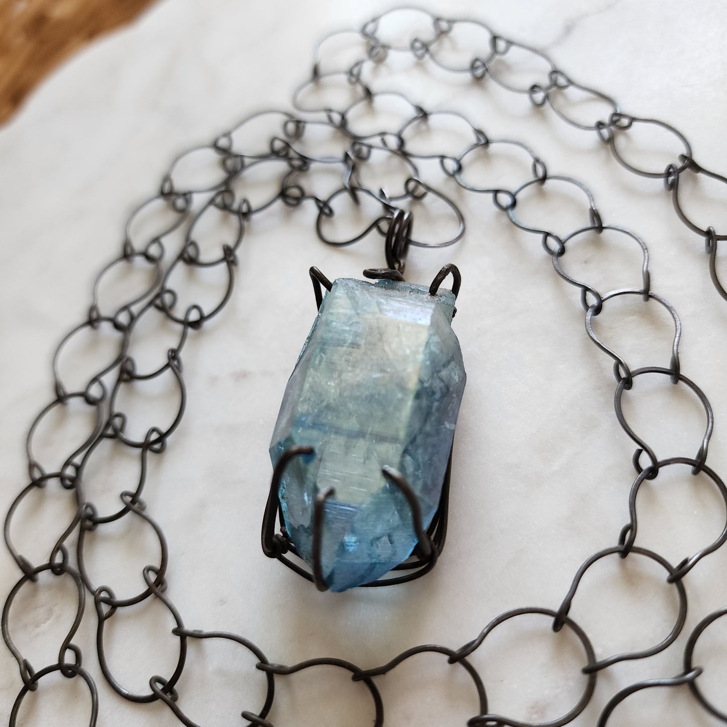 Celestial Forge Necklace - Oxidized Iron & Aqua Aura Crystal