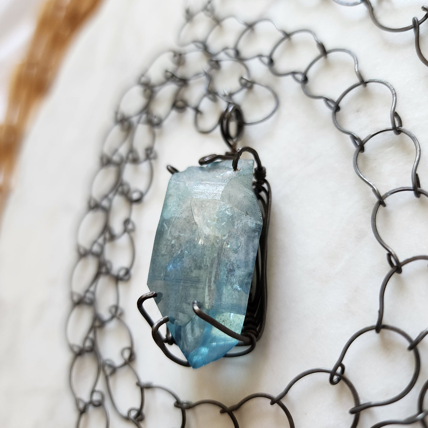 Celestial Forge Necklace - Oxidized Iron & Aqua Aura Crystal