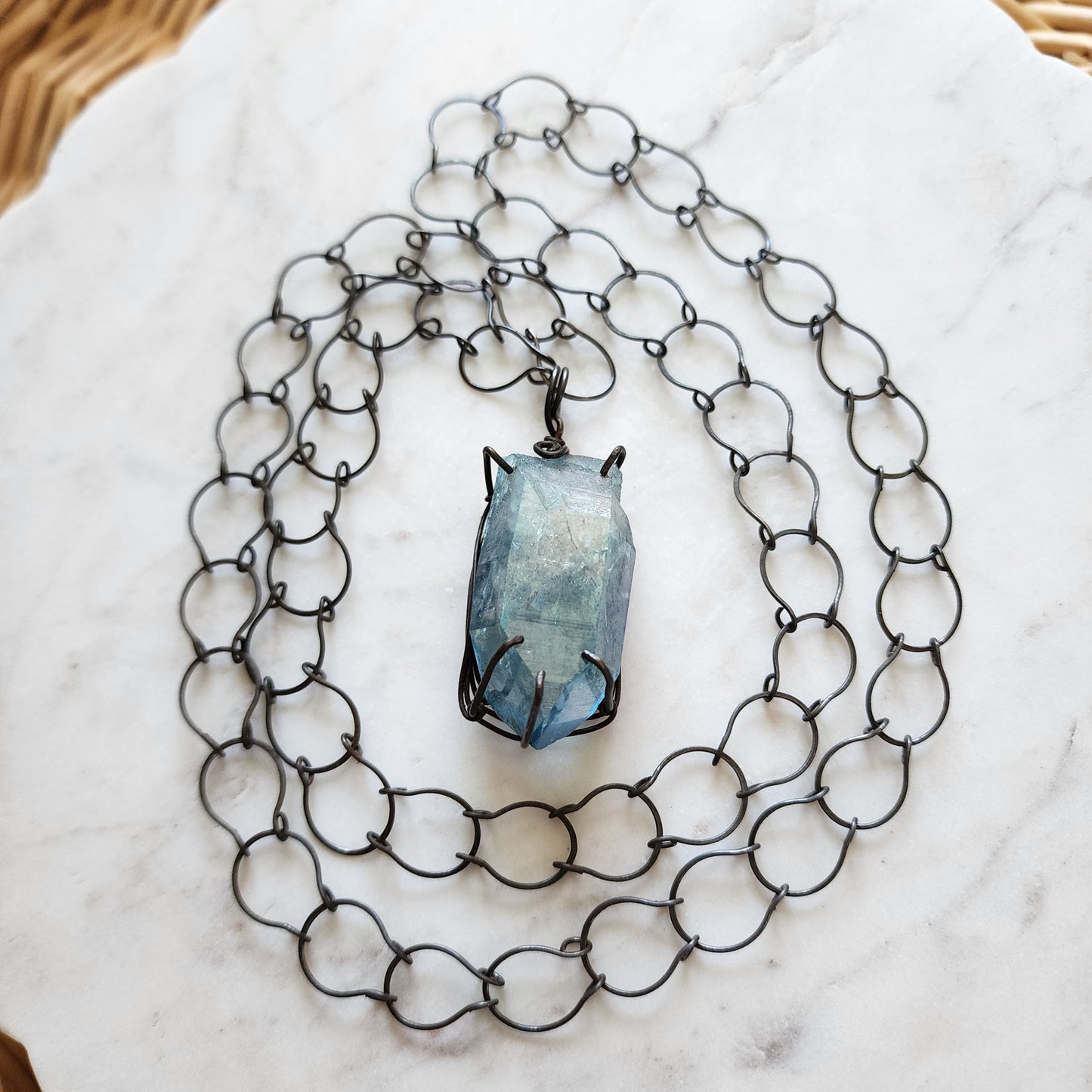 Celestial Forge Necklace - Oxidized Iron & Aqua Aura Crystal
