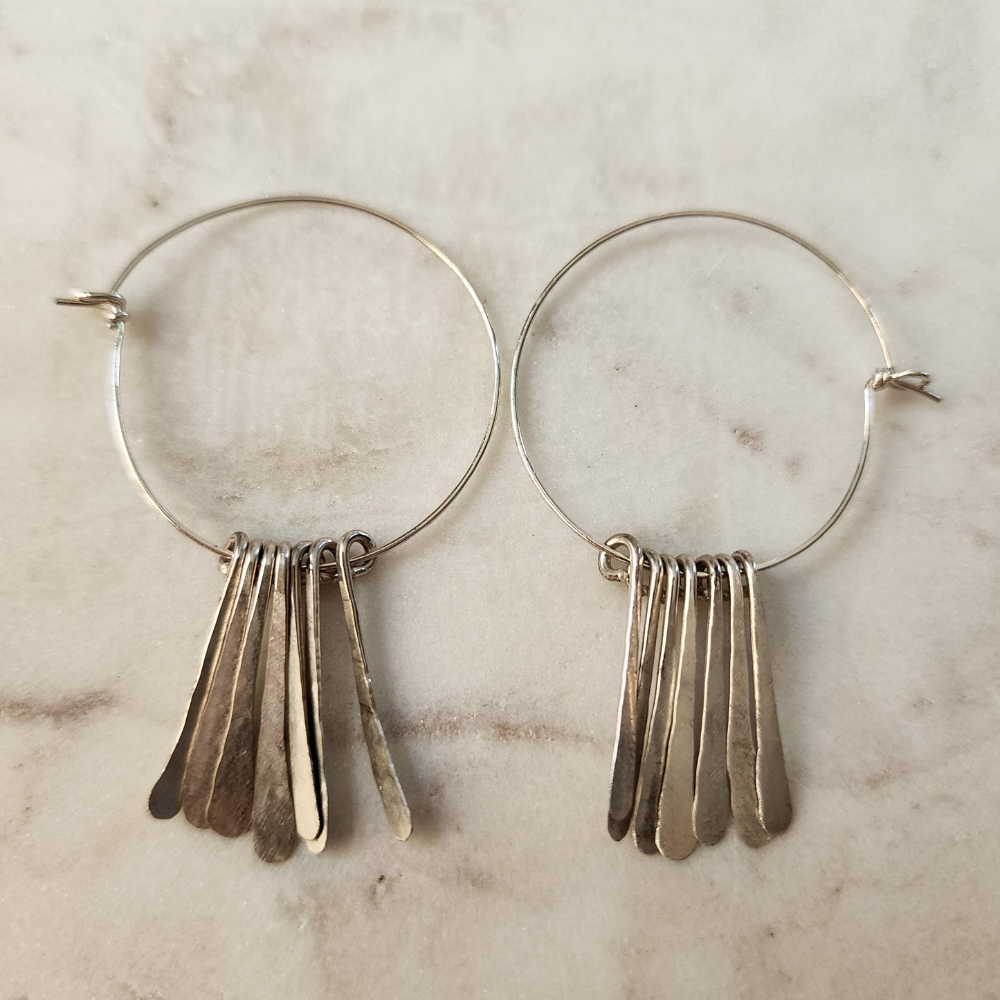 Moonchime Sterling Silver Hoop Earrings — Hammered Fringe, Lightweight