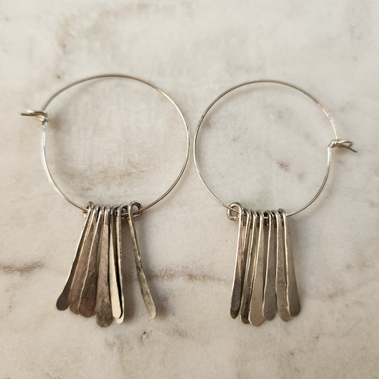Moonchime Sterling Silver Hoop Earrings — Hammered Fringe, Lightweight