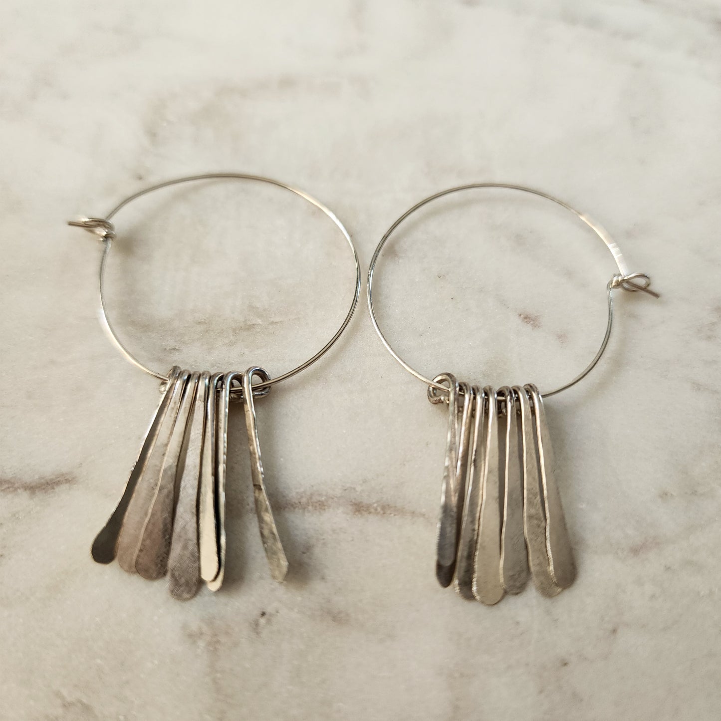 Moonchime Sterling Silver Hoop Earrings — Hammered Fringe, Lightweight