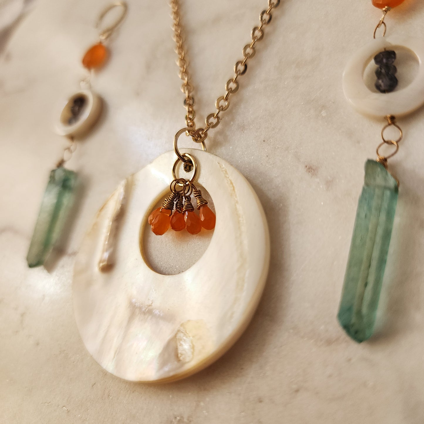 Solstice Tides Set – Shell, Carnelian, Iolite & Aqua Aura Quartz