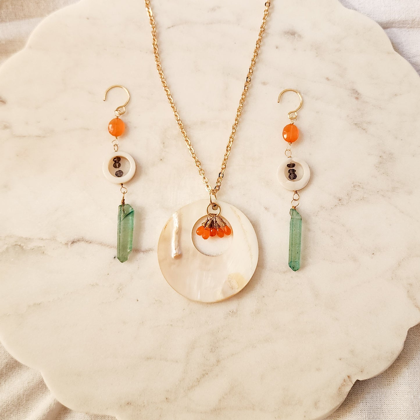 Solstice Tides Set – Shell, Carnelian, Iolite & Aqua Aura Quartz