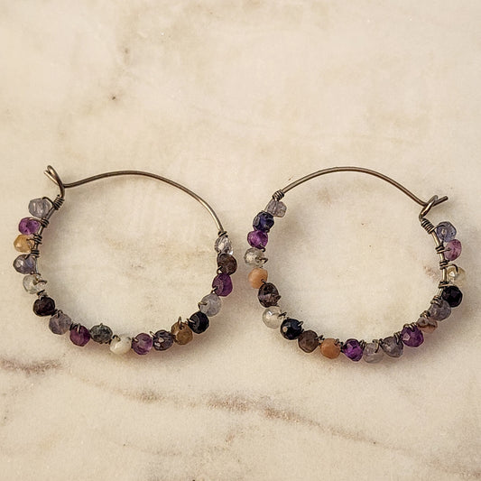 Prismatic Zircon Hoop Earrings — Hand-Wrapped on Titanium