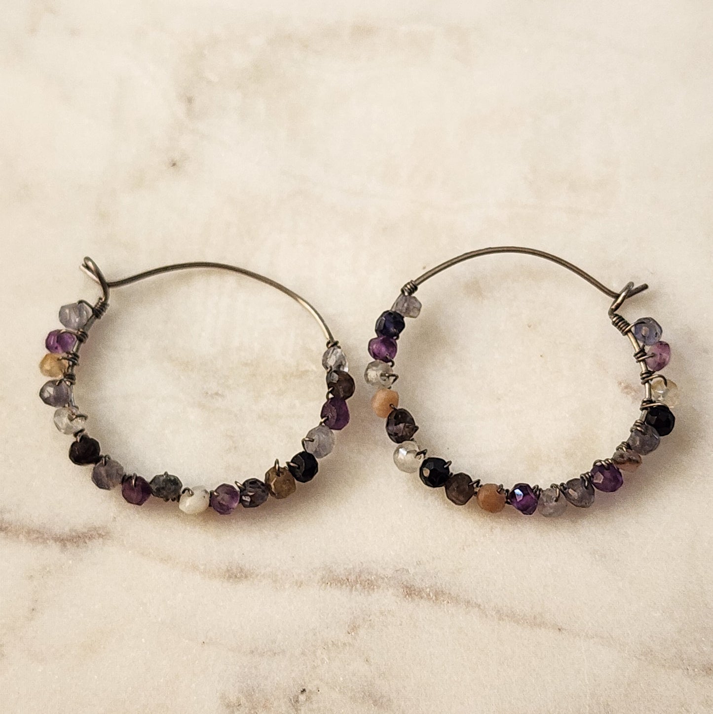 Prismatic Zircon Hoop Earrings — Hand-Wrapped on Titanium